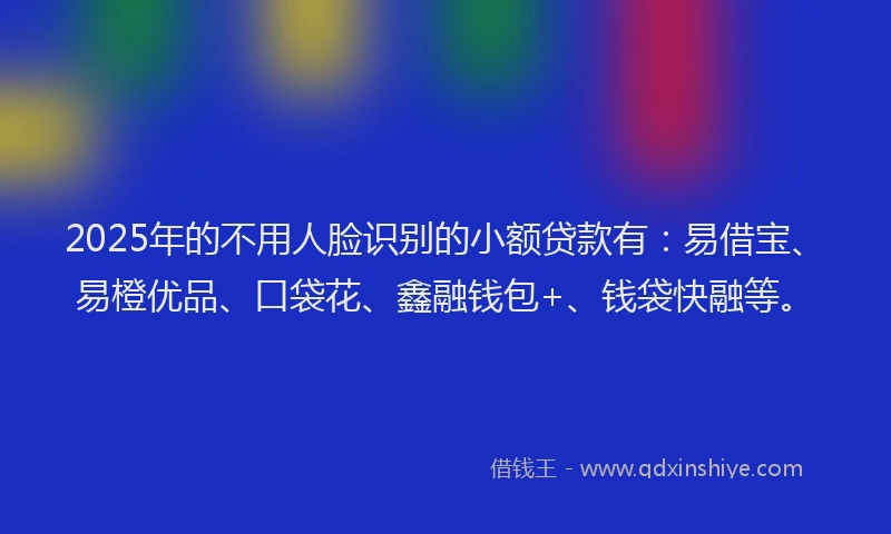 2025年的不用人脸识别的小额贷款有：易借宝、易橙优品、口袋花、鑫融钱包+、钱袋快融等。
