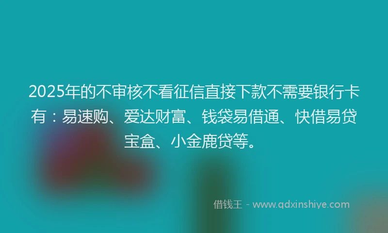 2025年的不审核不看征信直接下款不需要银行卡有：易速购、爱达财富、钱袋易借通、快借易贷宝盒、小金鹿贷等。