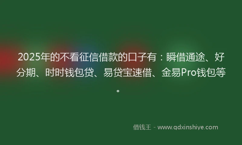 2025年的不看征信借款的口子有：瞬借通途、好分期、时时钱包贷、易贷宝速借、金易Pro钱包等。