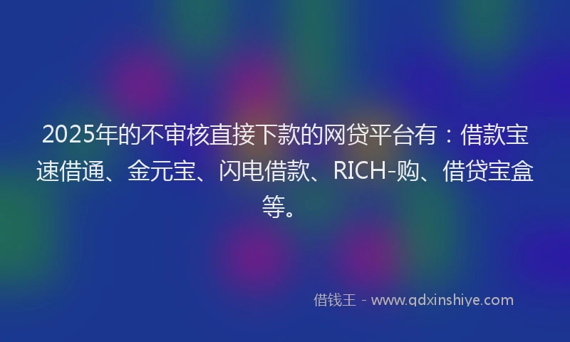 2025年的不审核直接下款的网贷平台有：借款宝速借通、金元宝、闪电借款、RICH-购、借贷宝盒等。