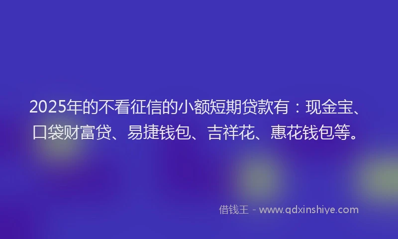 2025年的不看征信的小额短期贷款有：现金宝、口袋财富贷、易捷钱包、吉祥花、惠花钱包等。
