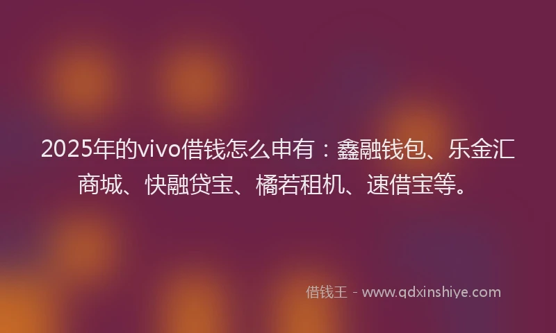 2025年的vivo借钱怎么申有：鑫融钱包、乐金汇商城、快融贷宝、橘若租机、速借宝等。