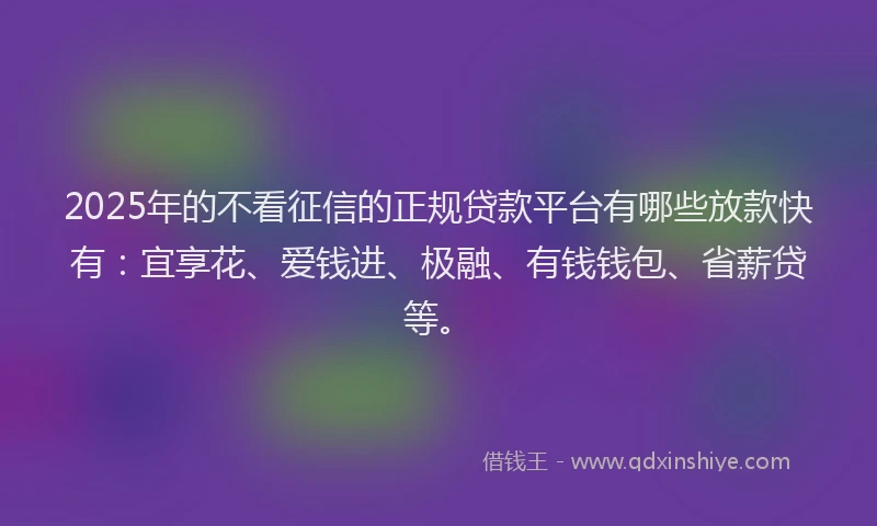 2025年的不看征信的正规贷款平台有哪些放款快有：宜享花、爱钱进、极融、有钱钱包、省薪贷等。