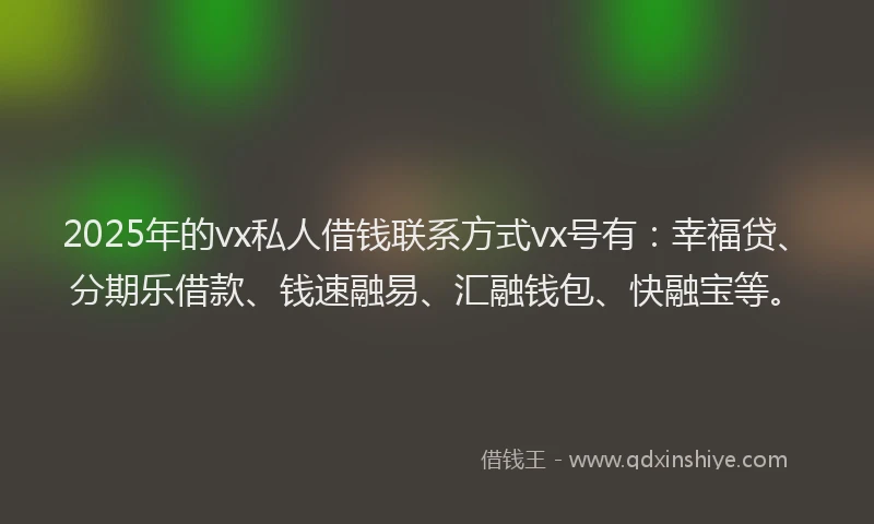 2025年的vx私人借钱联系方式vx号有：幸福贷、分期乐借款、钱速融易、汇融钱包、快融宝等。