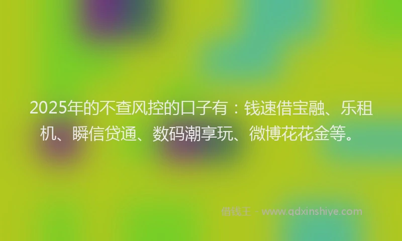 2025年的不查风控的口子有：钱速借宝融、乐租机、瞬信贷通、数码潮享玩、微博花花金等。