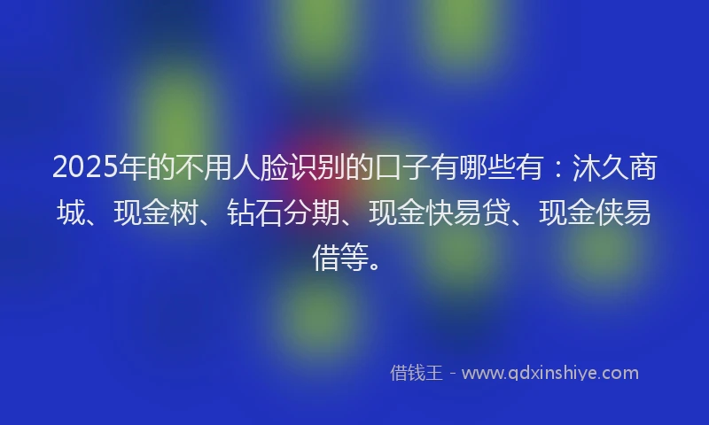 2025年的不用人脸识别的口子有哪些有：沐久商城、现金树、钻石分期、现金快易贷、现金侠易借等。