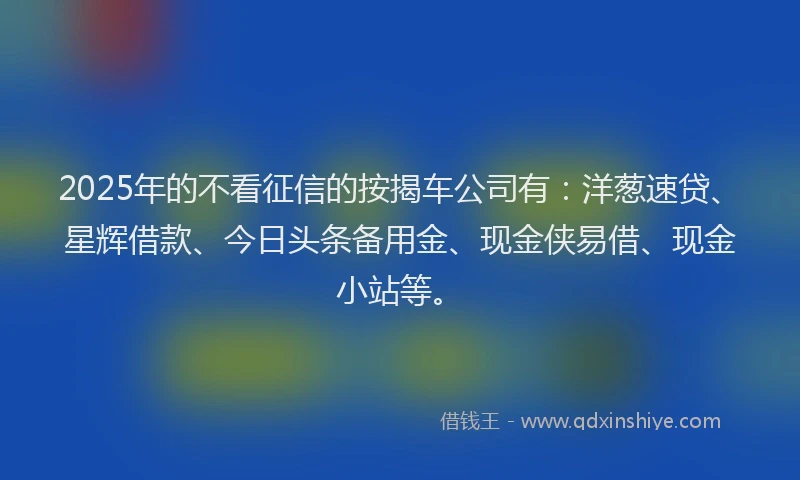 2025年的不看征信的按揭车公司有：洋葱速贷、星辉借款、今日头条备用金、现金侠易借、现金小站等。