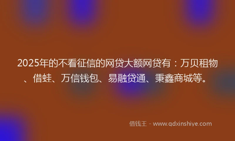 2025年的不看征信的网贷大额网贷有：万贝租物、借蛙、万信钱包、易融贷通、秉鑫商城等。