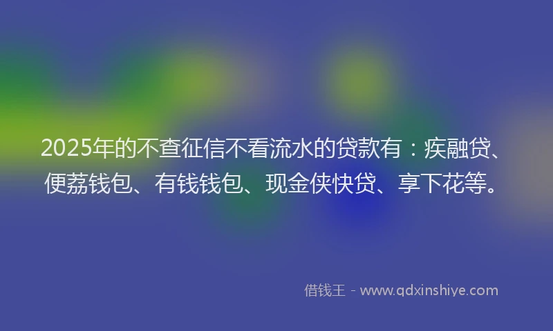 2025年的不查征信不看流水的贷款有：疾融贷、便荔钱包、有钱钱包、现金侠快贷、享下花等。