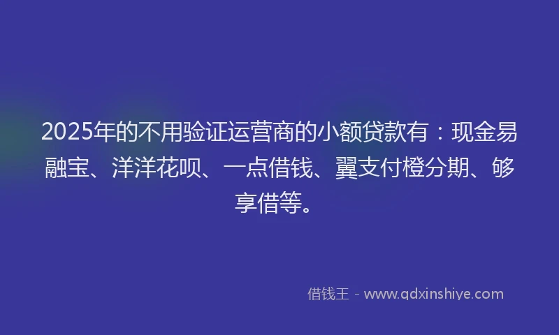 2025年的不用验证运营商的小额贷款有：现金易融宝、洋洋花呗、一点借钱、翼支付橙分期、够享借等。