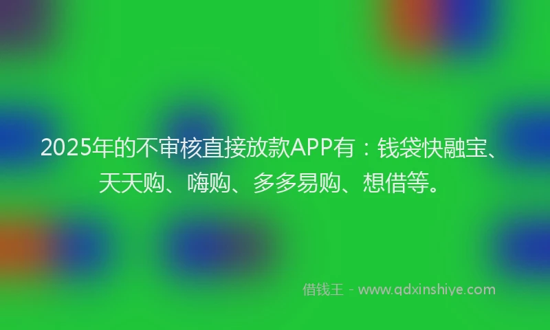 2025年的不审核直接放款APP有：钱袋快融宝、天天购、嗨购、多多易购、想借等。