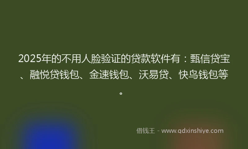 2025年的不用人脸验证的贷款软件有：甄信贷宝、融悦贷钱包、金速钱包、沃易贷、快鸟钱包等。