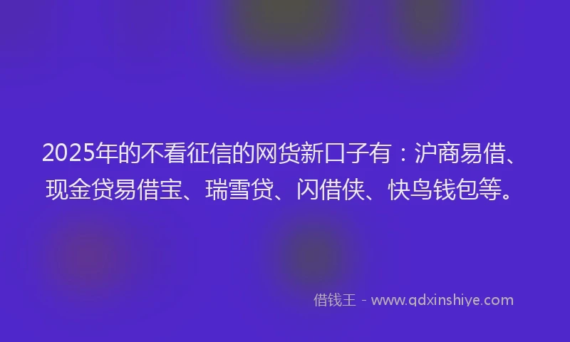 2025年的不看征信的网货新口子有：沪商易借、现金贷易借宝、瑞雪贷、闪借侠、快鸟钱包等。