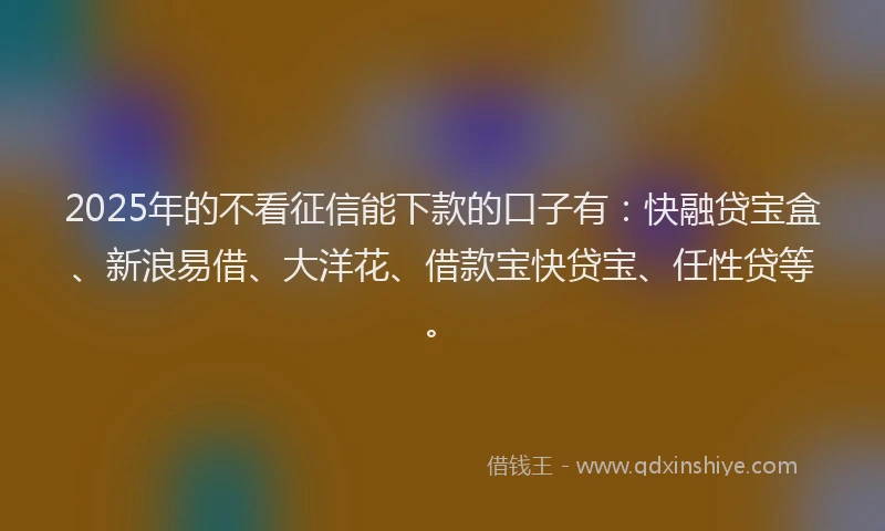 2025年的不看征信能下款的口子有：快融贷宝盒、新浪易借、大洋花、借款宝快贷宝、任性贷等。