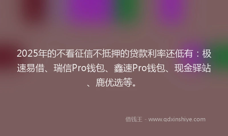 2025年的不看征信不抵押的贷款利率还低有：极速易借、瑞信Pro钱包、鑫速Pro钱包、现金驿站、鹿优选等。