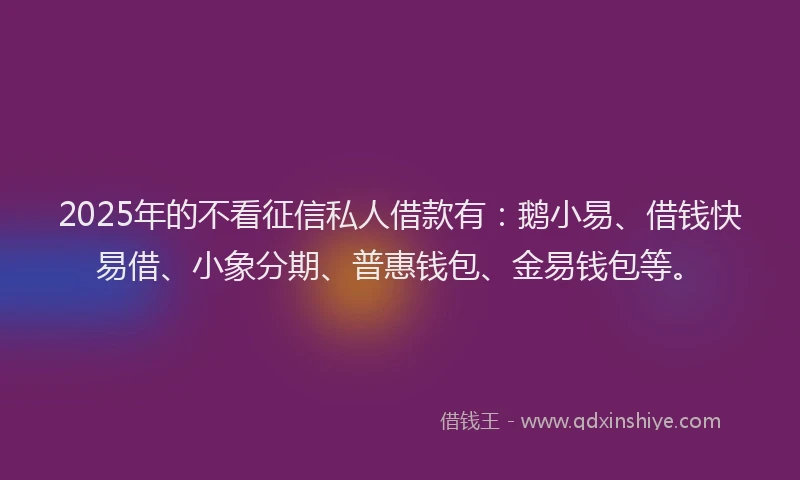2025年的不看征信私人借款有：鹅小易、借钱快易借、小象分期、普惠钱包、金易钱包等。