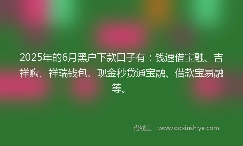 2025年的6月黑户下款口子有：钱速借宝融、吉祥购、祥瑞钱包、现金秒贷通宝融、借款宝易融等。