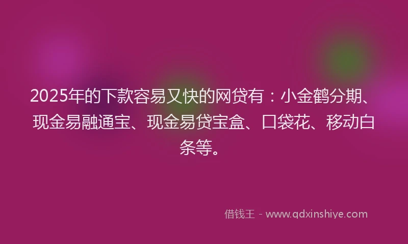 2025年的下款容易又快的网贷有：小金鹤分期、现金易融通宝、现金易贷宝盒、口袋花、移动白条等。