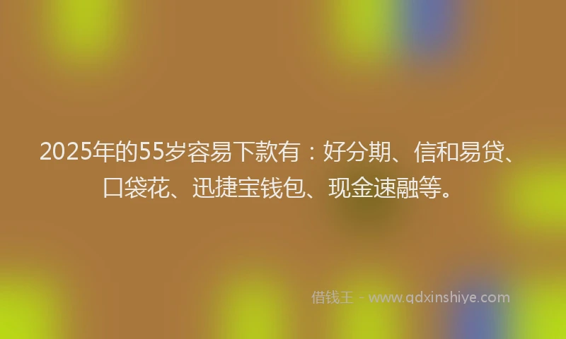 2025年的55岁容易下款有：好分期、信和易贷、口袋花、迅捷宝钱包、现金速融等。