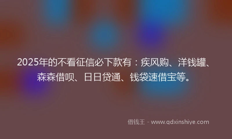 2025年的不看征信必下款有：疾风购、洋钱罐、森森借呗、日日贷通、钱袋速借宝等。