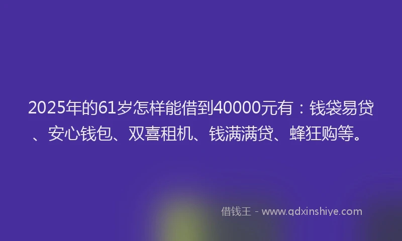 2025年的61岁怎样能借到40000元有：钱袋易贷、安心钱包、双喜租机、钱满满贷、蜂狂购等。