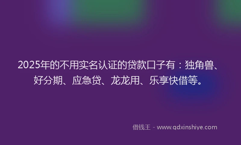 2025年的不用实名认证的贷款口子有：独角兽、好分期、应急贷、龙龙用、乐享快借等。