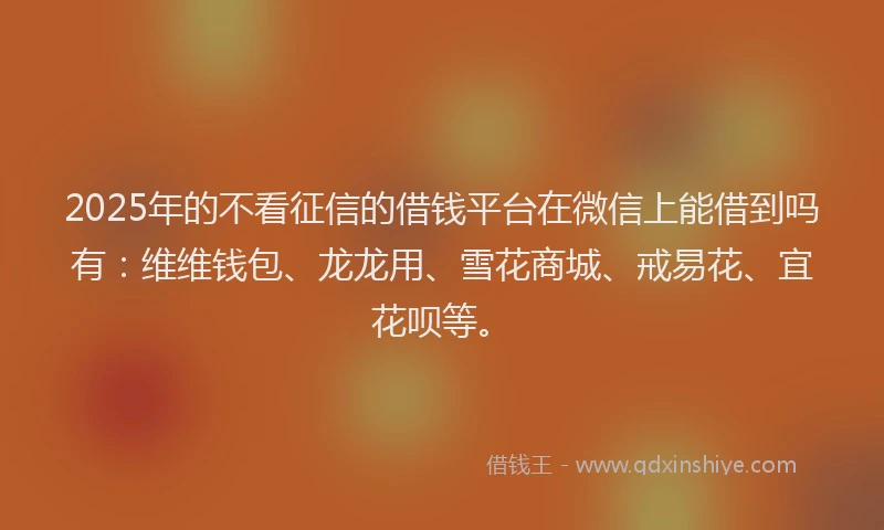 2025年的不看征信的借钱平台在微信上能借到吗有：维维钱包、龙龙用、雪花商城、戒易花、宜花呗等。