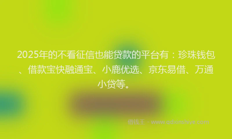 2025年的不看征信也能贷款的平台有：珍珠钱包、借款宝快融通宝、小鹿优选、京东易借、万通小贷等。