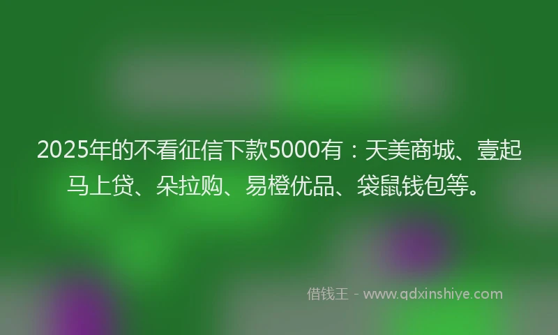 2025年的不看征信下款5000有：天美商城、壹起马上贷、朵拉购、易橙优品、袋鼠钱包等。