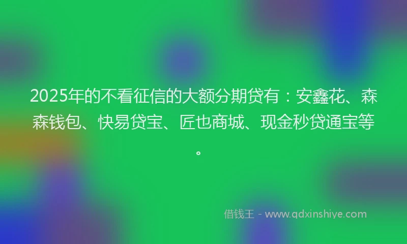 2025年的不看征信的大额分期贷有：安鑫花、森森钱包、快易贷宝、匠也商城、现金秒贷通宝等。