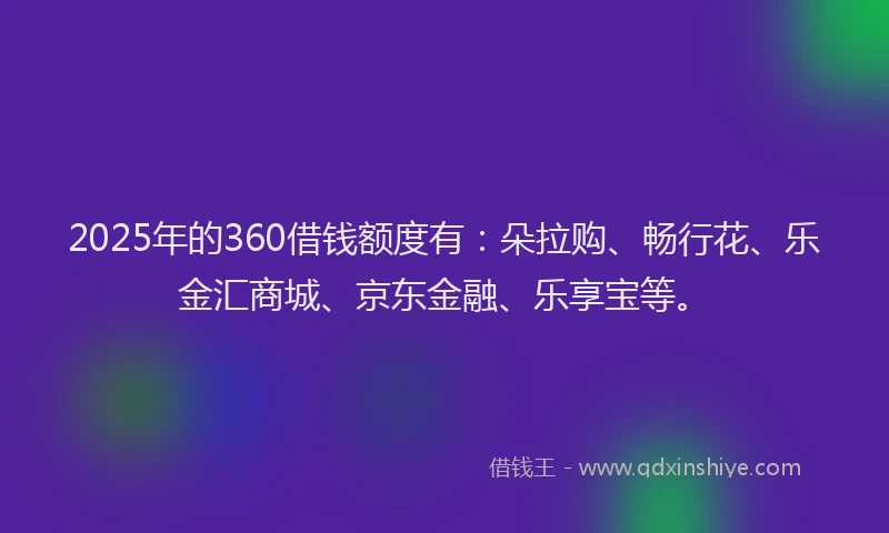 2025年的360借钱额度有：朵拉购、畅行花、乐金汇商城、京东金融、乐享宝等。