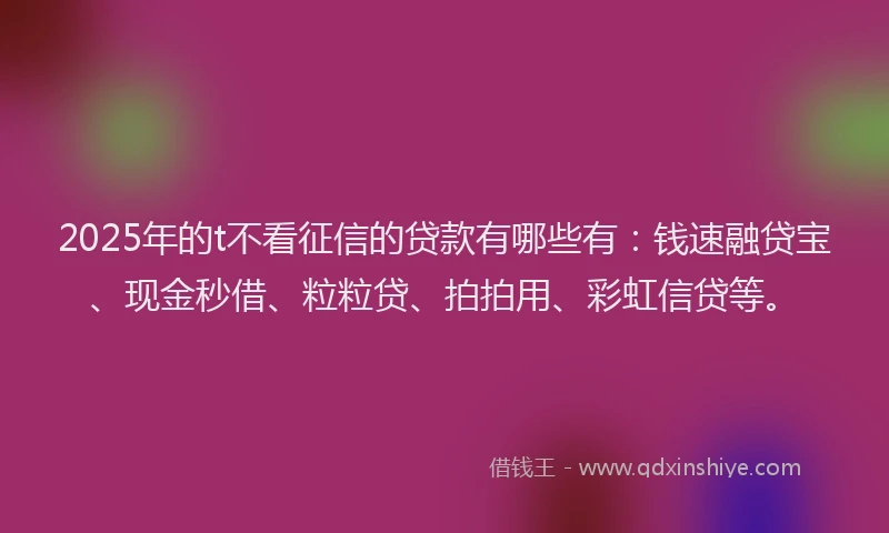 2025年的t不看征信的贷款有哪些有：钱速融贷宝、现金秒借、粒粒贷、拍拍用、彩虹信贷等。