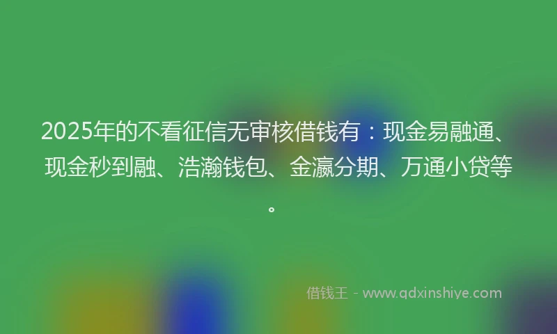 2025年的不看征信无审核借钱有：现金易融通、现金秒到融、浩瀚钱包、金瀛分期、万通小贷等。