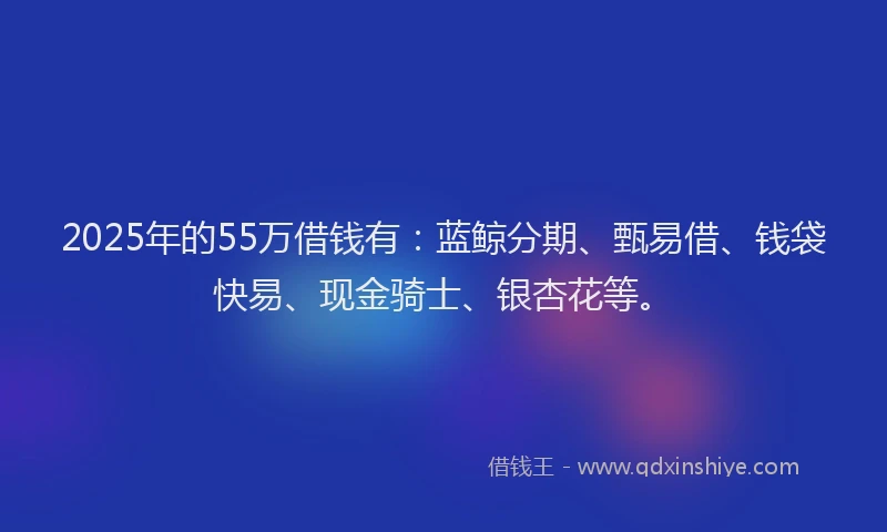 2025年的55万借钱有：蓝鲸分期、甄易借、钱袋快易、现金骑士、银杏花等。