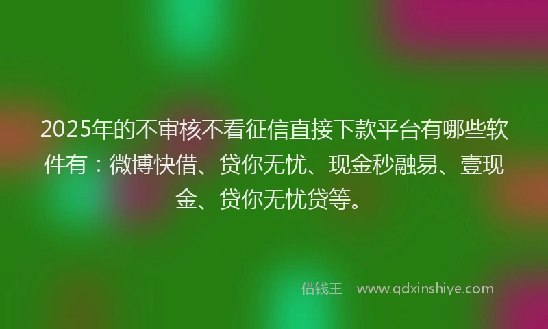 2025年的不审核不看征信直接下款平台有哪些软件有：微博快借、贷你无忧、现金秒融易、壹现金、贷你无忧贷等。