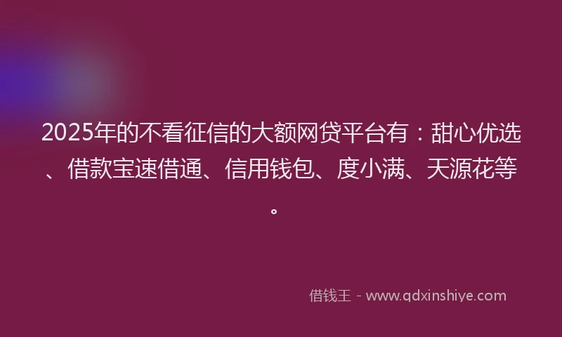2025年的不看征信的大额网贷平台有：甜心优选、借款宝速借通、信用钱包、度小满、天源花等。