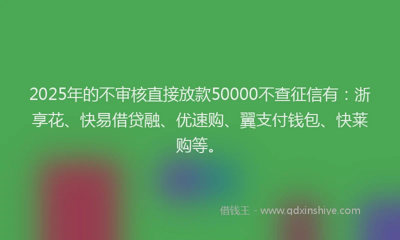 2025年的不审核直接放款50000不查征信有：浙享花、快易借贷融、优速购、翼支付钱包、快莱购等。