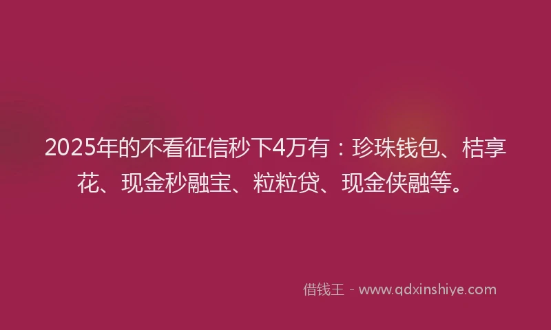 2025年的不看征信秒下4万有：珍珠钱包、桔享花、现金秒融宝、粒粒贷、现金侠融等。