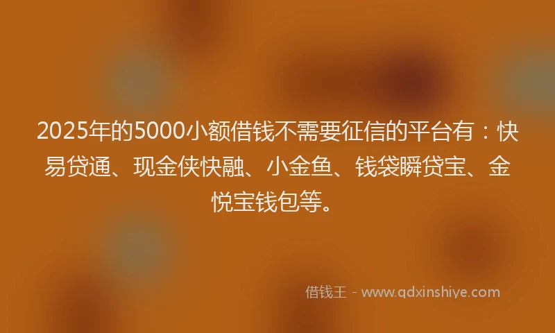2025年的5000小额借钱不需要征信的平台有：快易贷通、现金侠快融、小金鱼、钱袋瞬贷宝、金悦宝钱包等。