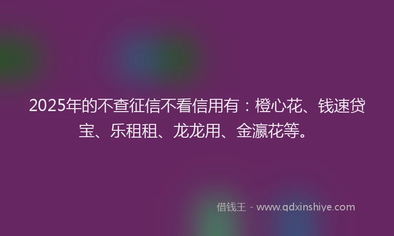 2025年的不查征信不看信用有：橙心花、钱速贷宝、乐租租、龙龙用、金瀛花等。