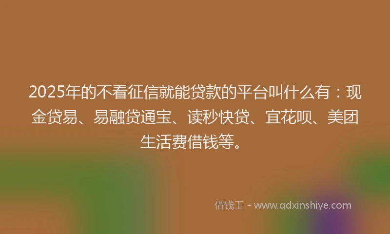 2025年的不看征信就能贷款的平台叫什么有：现金贷易、易融贷通宝、读秒快贷、宜花呗、美团生活费借钱等。
