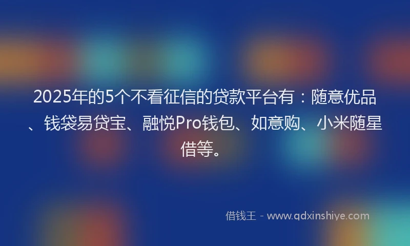 2025年的5个不看征信的贷款平台有：随意优品、钱袋易贷宝、融悦Pro钱包、如意购、小米随星借等。