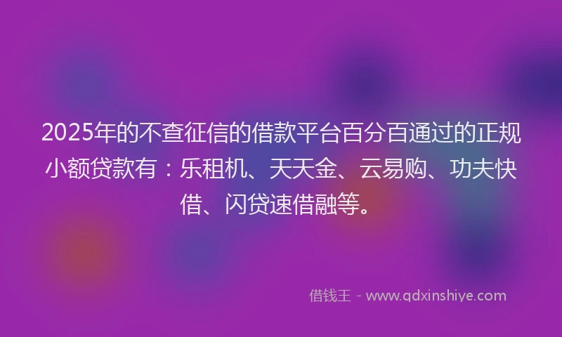 2025年的不查征信的借款平台百分百通过的正规小额贷款有：乐租机、天天金、云易购、功夫快借、闪贷速借融等。