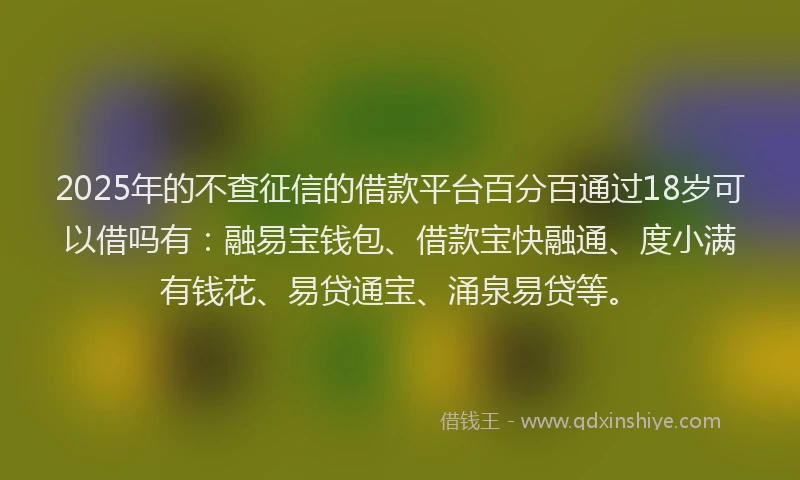 2025年的不查征信的借款平台百分百通过18岁可以借吗有：融易宝钱包、借款宝快融通、度小满有钱花、易贷通宝、涌泉易贷等。