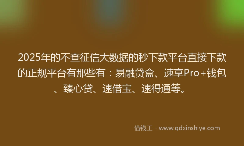 2025年的不查征信大数据的秒下款平台直接下款的正规平台有那些有：易融贷盒、速享Pro+钱包、臻心贷、速借宝、速得通等。