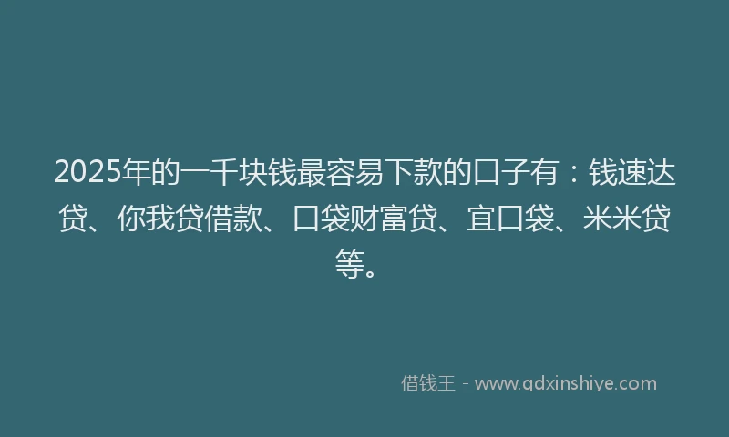 2025年的一千块钱最容易下款的口子有：钱速达贷、你我贷借款、口袋财富贷、宜口袋、米米贷等。