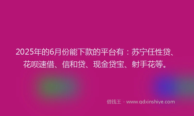 2025年的6月份能下款的平台有：苏宁任性贷、花呗速借、信和贷、现金贷宝、射手花等。