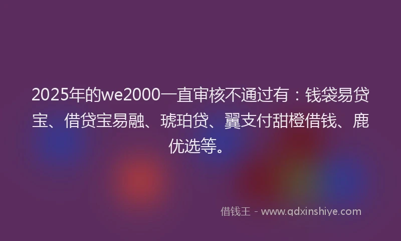 2025年的we2000一直审核不通过有：钱袋易贷宝、借贷宝易融、琥珀贷、翼支付甜橙借钱、鹿优选等。