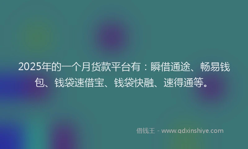 2025年的一个月货款平台有：瞬借通途、畅易钱包、钱袋速借宝、钱袋快融、速得通等。