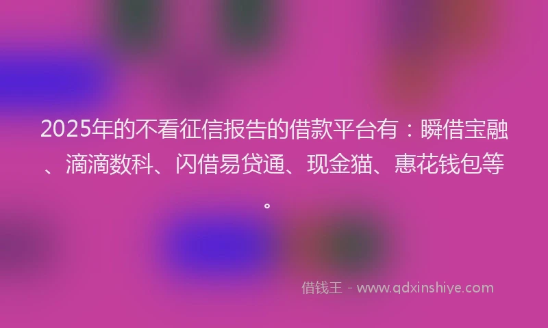 2025年的不看征信报告的借款平台有：瞬借宝融、滴滴数科、闪借易贷通、现金猫、惠花钱包等。